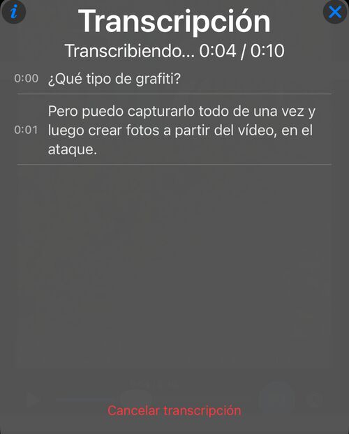 Transcripción en curso: las líneas reconocidas aparecen en el panel, el progreso se muestra frente a la duración del vídeo y abajo la acción Cancelar transcripción