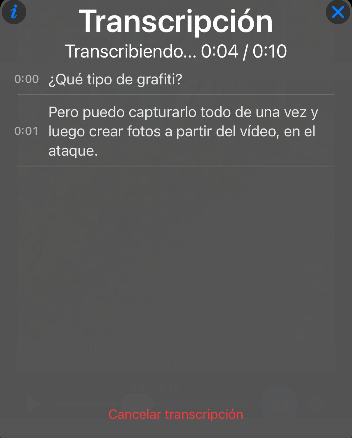 Transcripción en curso: las líneas reconocidas aparecen en el panel, el progreso se muestra frente a la duración del vídeo y abajo la acción Cancelar transcripción