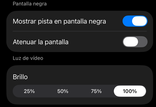 Ajustes de Controles del visor: las secciones Pantalla negra y Luz de vídeo