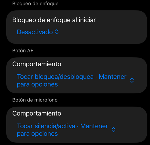 Ajustes de Controles del visor: las secciones Bloqueo de enfoque al iniciar, Botón AF y Botón de micrófono