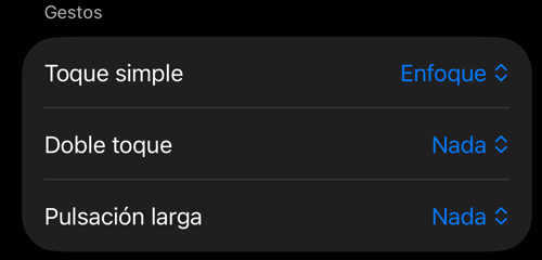 Ajustes de Controles del visor: la sección Gestos con Toque simple, Doble toque y Pulsación larga