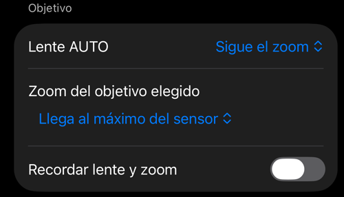 Ajustes de Controles del visor: la sección Objetivo con el ajuste Lente AUTO y Recordar lente y zoom