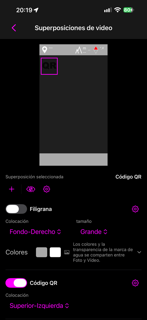 La disposición de capas de vídeo, con la marca de agua desactivada y el QR activado