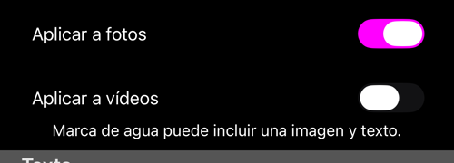 Los dos interruptores: «Aplicar a fotos» activado, «Aplicar a vídeos» desactivado