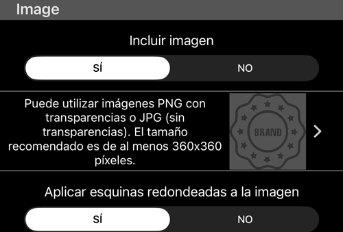La sección Imagen: incluir imagen, la recomendación de tamaño y las esquinas redondeadas