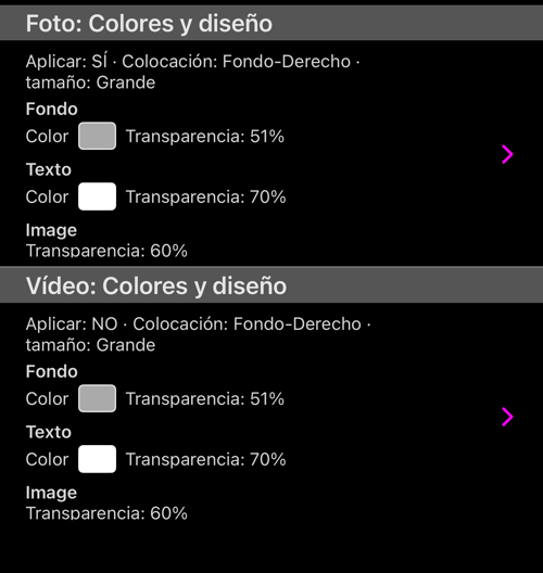 Foto y Vídeo, cada uno con su propio resumen de Aplicar, Colocación y Tamaño