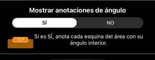 El ajuste Mostrar anotaciones de ángulo en SÍ, con una anotación de ejemplo de 73°