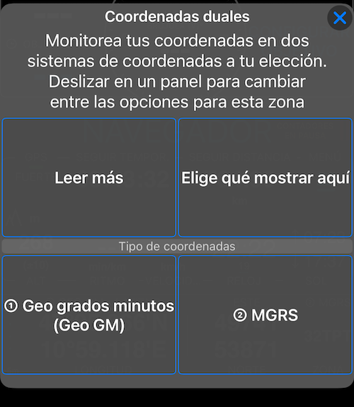 Menú de opciones para coordenadas duales