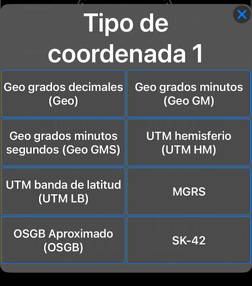 Selector de tipo de coordenada mostrando los 8 formatos
