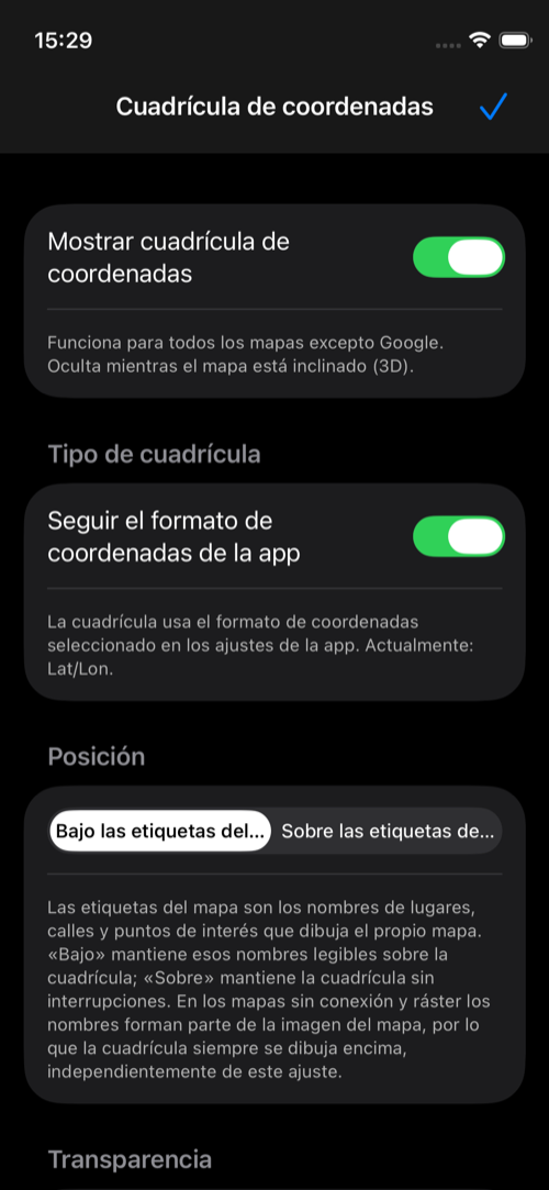 Ajustes de la cuadrícula con la cuadrícula activada, seguimiento automático del formato, posición de las etiquetas y transparencia