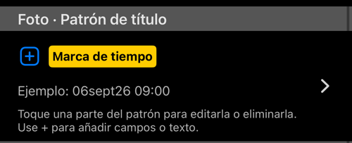 La sección Patrón de título: la fila del patrón, un Sample en vivo y la indicación