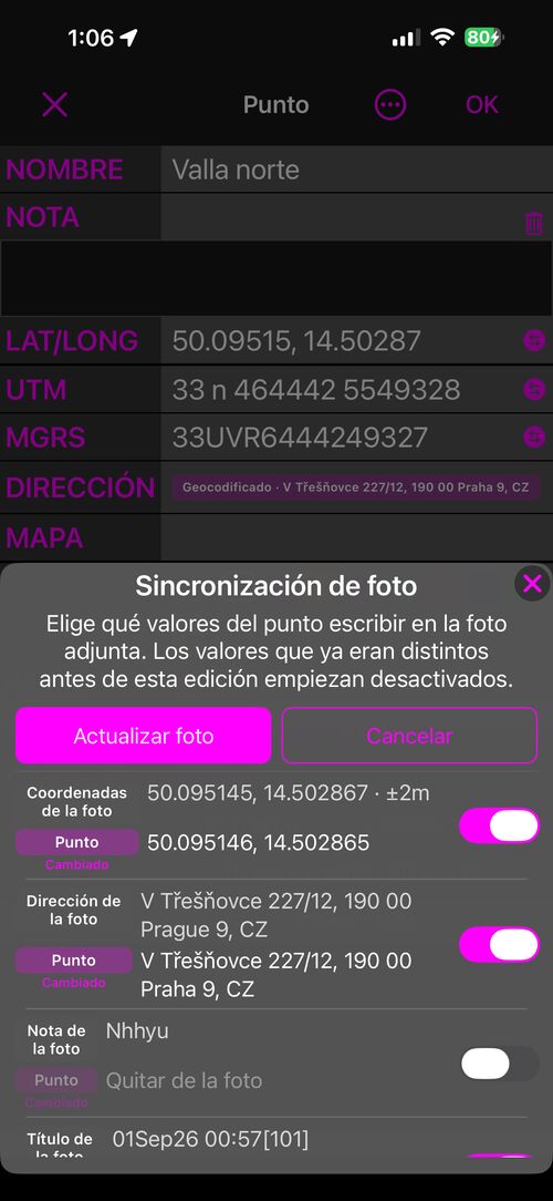 La hoja en modo actualizar todo, con una fila cuyo valor del punto dice Quitar de la foto y cuyo interruptor está apagado
