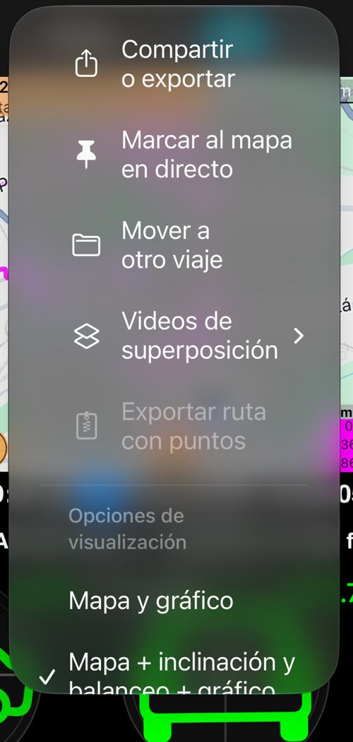El menú «Más» de la pantalla del track: «Compartir o exportar», «Fijar en el mapa», «Mover», «Videos de superposición» y la sección de opciones de vista con «Mapa + inclinación y balanceo + gráfico» seleccionado