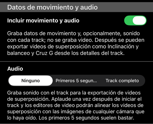 La sección «Datos de movimiento y audio»: el interruptor «Incluir movimiento y audio» activado y «Audio» en «Ninguno»