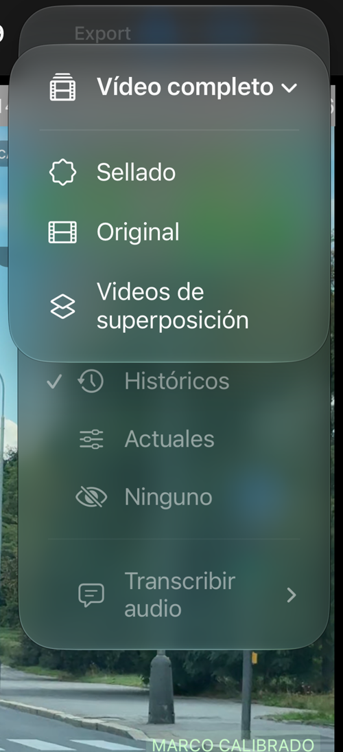 El menú «Vídeo completo» de una grabación guardada, con «Sellado», «Original» y «Videos de superposición»