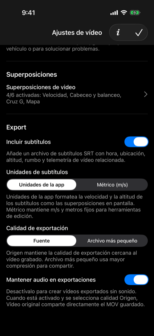 Superposiciones de vídeo y ajustes de exportación de subtítulos, calidad y audio