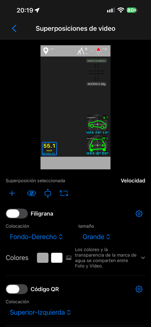 La disposición de capas de vídeo, con la marca de agua desactivada y el QR activado