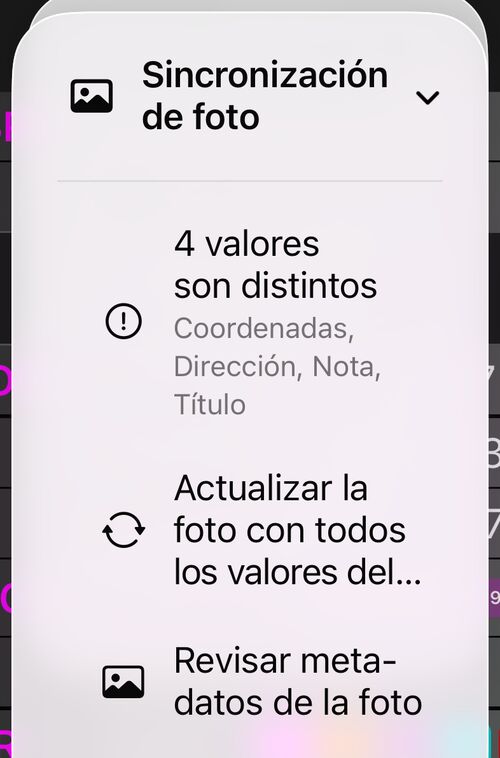 El menú Sincronización de foto: una línea de estado que dice 3 valores difieren, Actualizar la foto con todos los valores del punto, y Revisar metadatos de la foto