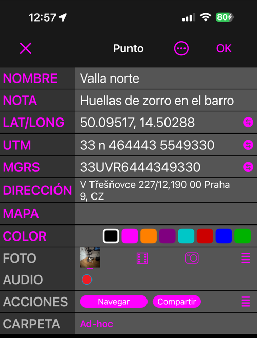 El editor de puntos en vista Sencilla: NOMBRE, NOTA, LAT/LONG, UTM, MGRS, DIRECCIÓN, MAPA, COLOR, FOTO, AUDIO, ACCIONES y CARPETA, una fila cada uno