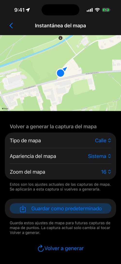 Enlarged point map snapshot with Map type, Map appearance, Map zoom, Save as default, and Re-generate