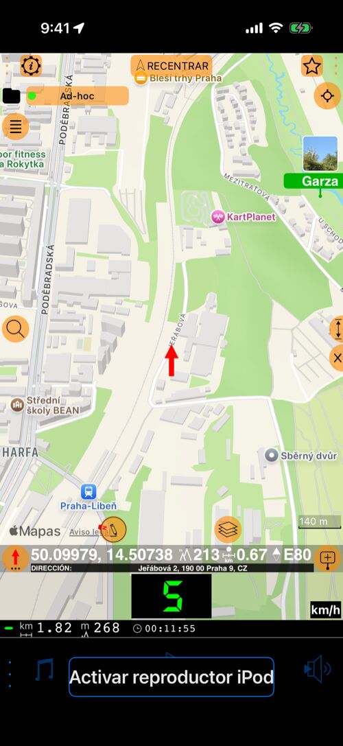 Map with the red arrow on a chosen point, showing terrain elevation next to coordinates, distance, and bearing