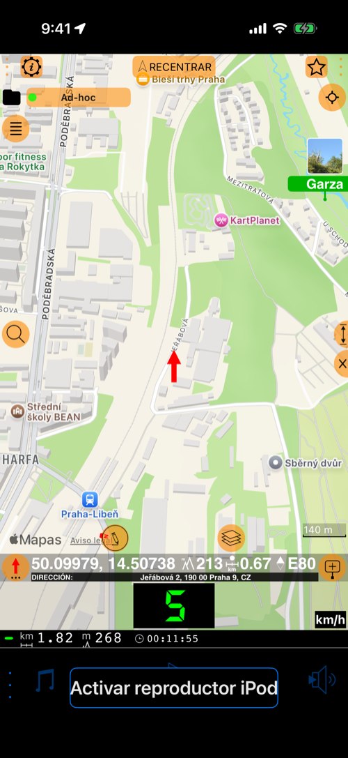 Map with the red arrow on a chosen point, showing terrain elevation next to coordinates, distance, and bearing