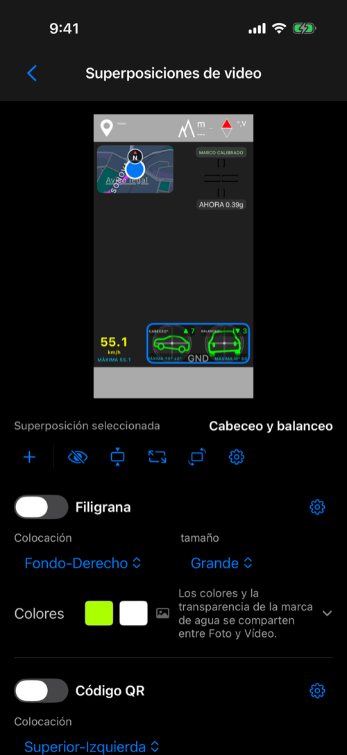 Editor con Mapa arriba a la izquierda, Cruz G arriba a la derecha, Velocidad abajo a la izquierda y Cabeceo y balanceo abajo a la derecha