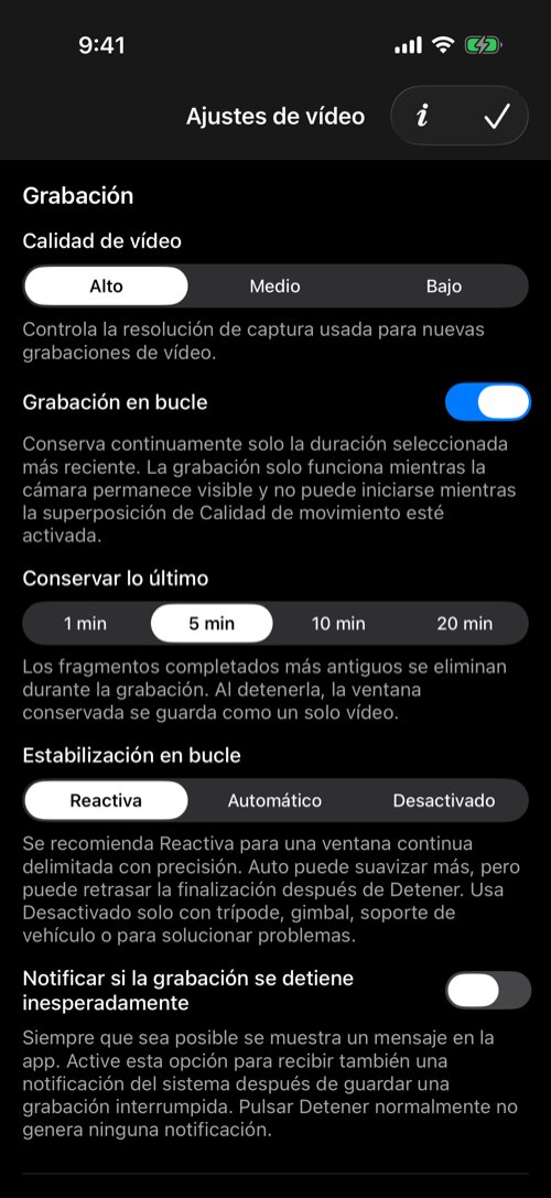 Ajustes de vídeo con calidad alta y una grabación en bucle reactiva de cinco minutos