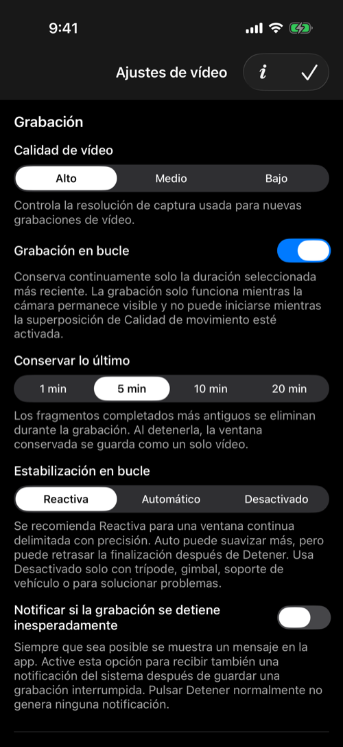 Ajustes de vídeo con calidad alta y una grabación en bucle reactiva de cinco minutos