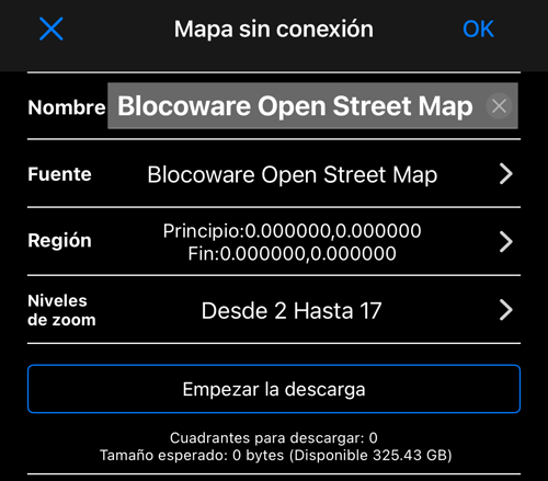 La pantalla «Mapa sin conexión»: el nombre, Blocoware Open Street Map como fuente, la región, los niveles de zoom del 2 al 17, «Iniciar descarga» y el número de teselas con el tamaño previsto