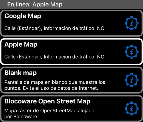 La lista «Mapas» con Google Map, Apple Map, Blank map y Blocoware Open Street Map, con su tamaño de caché y número de teselas