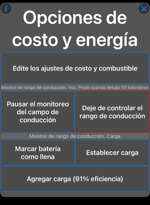 Menu de acciones de carga EV