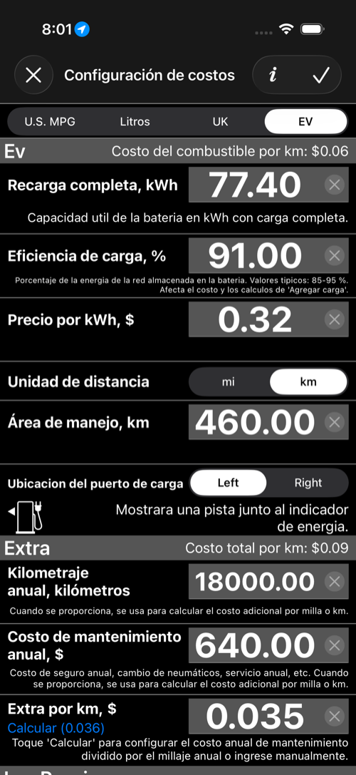 Pantalla de ajustes de costo EV