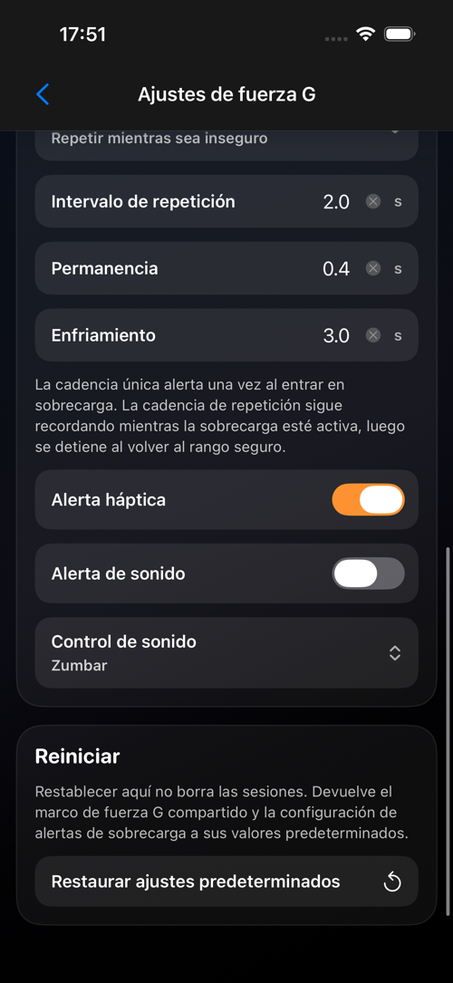 Pantalla de configuraciones de Fuerza G