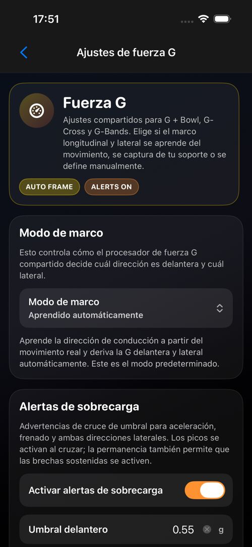 Pantalla de configuraciones de Fuerza G