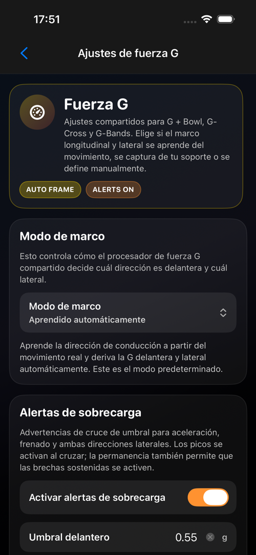Pantalla de configuraciones de Fuerza G