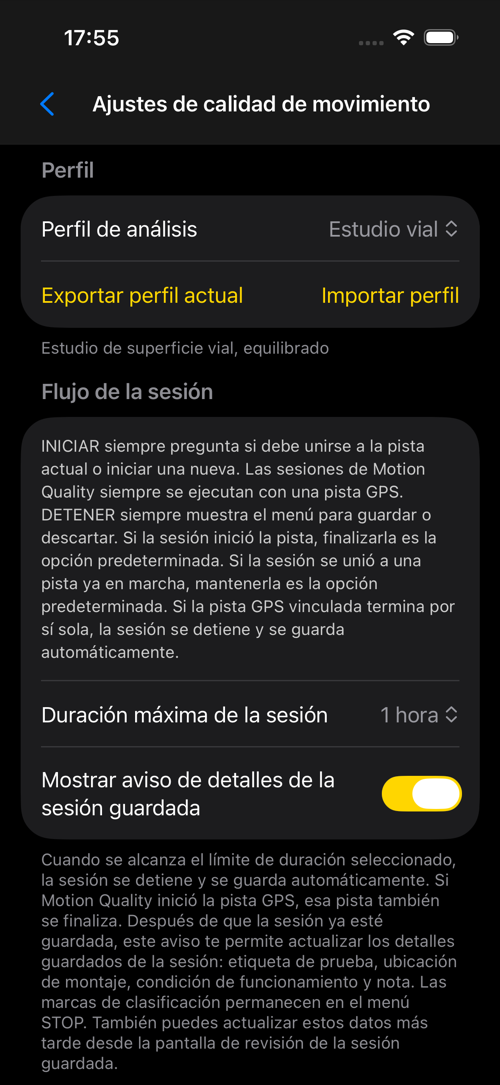 Pantalla de ajustes de Road Survey