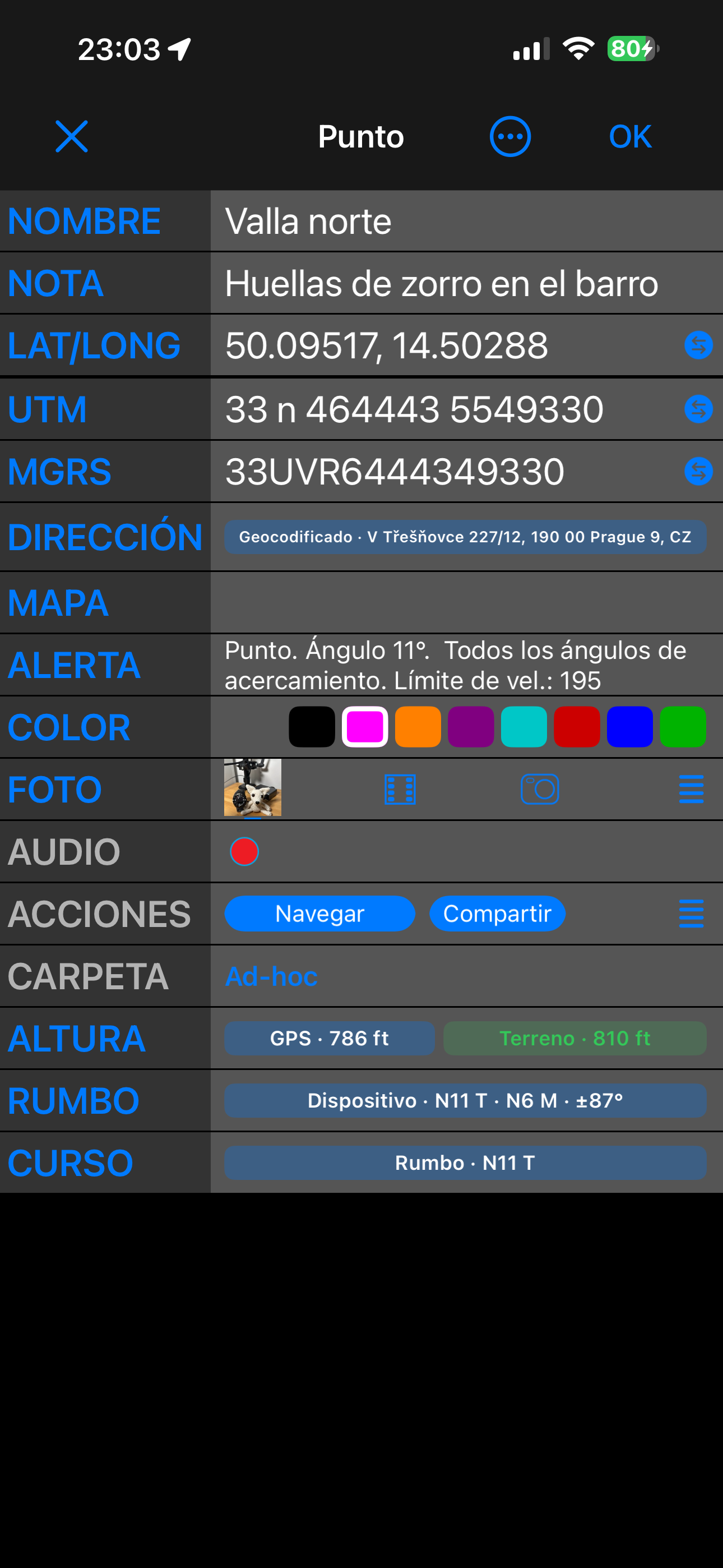 El editor de puntos en vista Avanzada, con Altitud, Rumbo y Curso al final de la lista