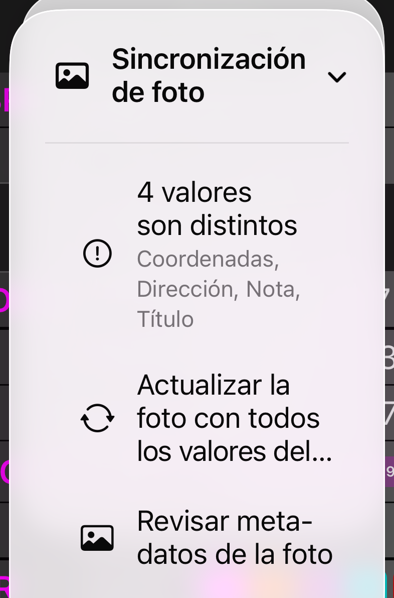 El menú Sincronización de foto: una línea de estado que dice 3 valores difieren, Actualizar la foto con todos los valores del punto, y Revisar metadatos de la foto
