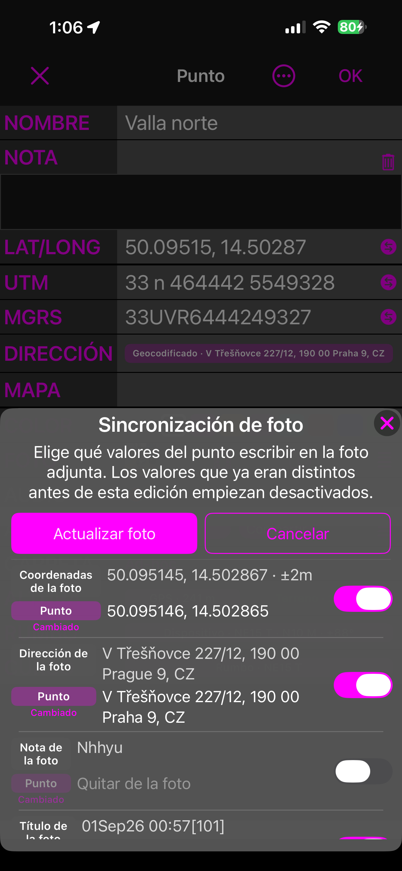 La hoja en modo actualizar todo, con una fila cuyo valor del punto dice Quitar de la foto y cuyo interruptor está apagado