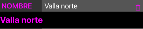 La fila NOMBRE abierta, el nombre repetido en un campo editable debajo y un botón de papelera en la fila