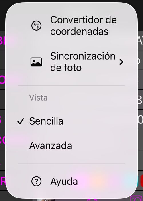 El menú Más del editor de puntos: Convertidor de coordenadas, Sincronización de foto, la sección Vista con Sencilla marcada y Avanzada debajo, y Ayuda
