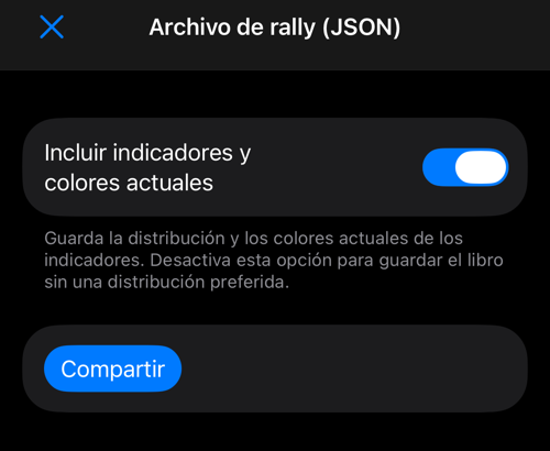 Exportación JSON con la opción de indicadores y el botón Compartir