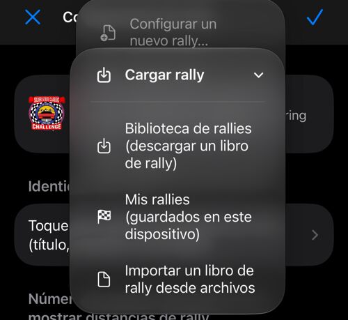 Menú para cargar desde la biblioteca, rallies guardados o Archivos