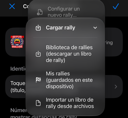 Menú para cargar desde la biblioteca, rallies guardados o Archivos