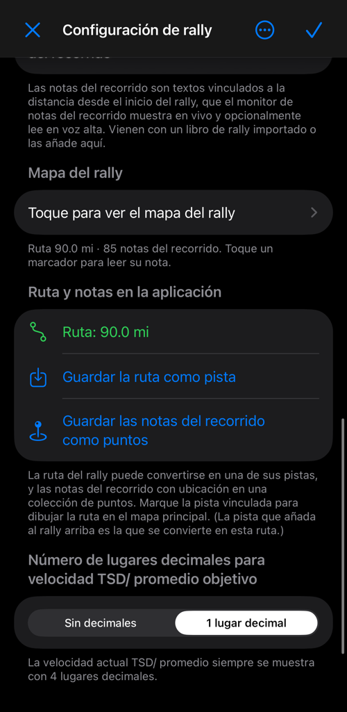 Configuración de rally con la longitud de la ruta, la pista vinculada y la opción de mostrarla en el mapa principal
