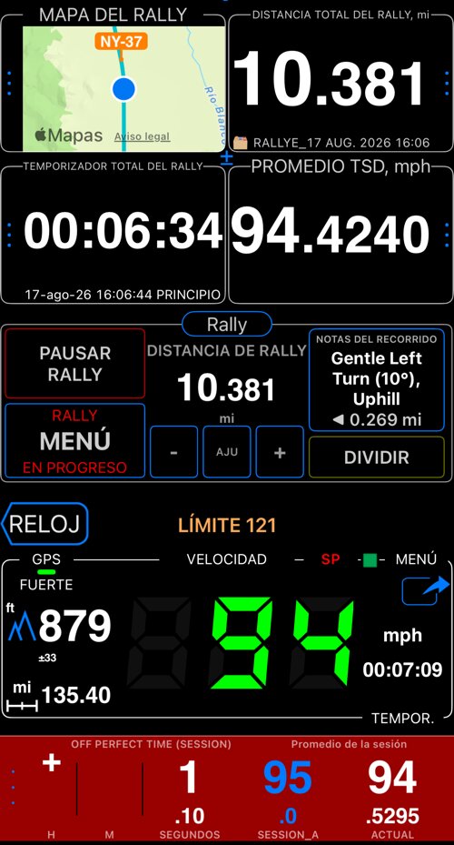 El panel de control de rally: indicador de mapa, distancia y cronómetro del rally, media TSD, la siguiente nota del recorrido y el tiempo perfecto