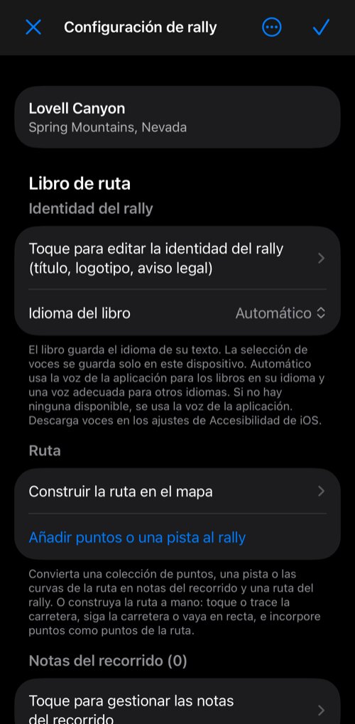 Configuración de rally: el grupo Libro de ruta con la identidad del rally, el idioma del libro, la sección Ruta y las notas del recorrido