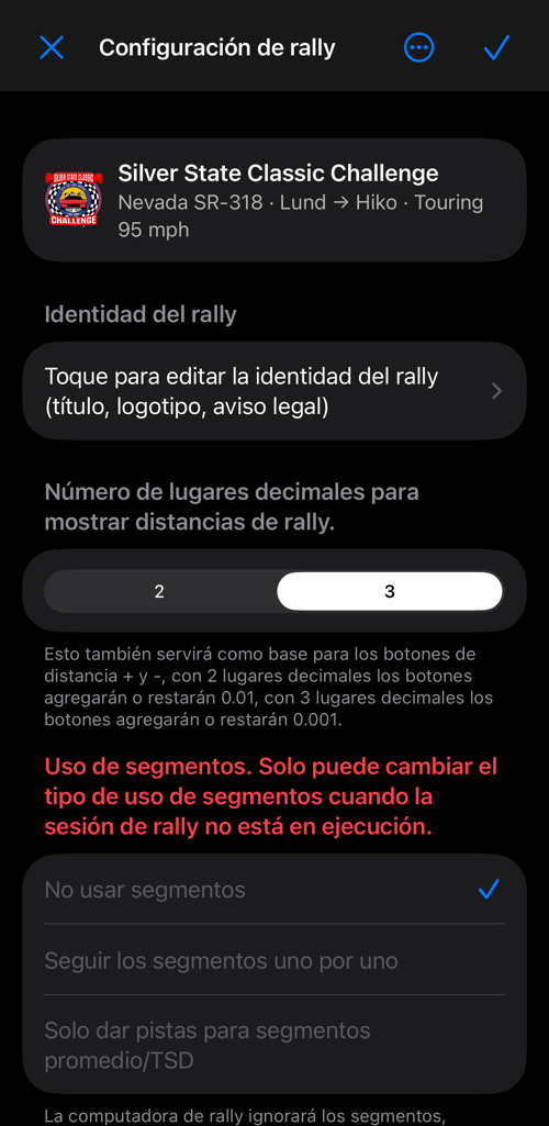 Configuración de rally: identidad del rally, decimales, uso de segmentos y segmentos