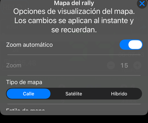 Opciones del indicador de mapa del rally: zoom automático, zoom, tipo de mapa y estilo de mapa